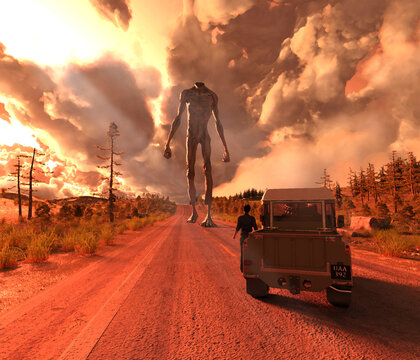 3d illustration of a giant headless monstrous figure walking down a road toward a man beside his car