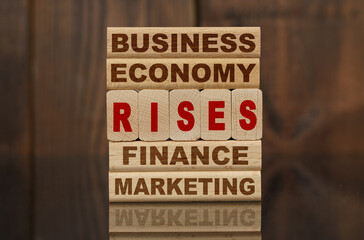 Wooden blocks with the text - Business, Economy, Finance, Marketing and RISES