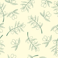 Green Olive seamless pattern. Hand drawn olive branch background. 