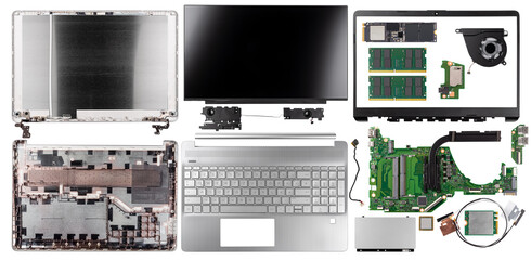 parts and components set of a modern slime notebook laptop pc in top view isolated white...
