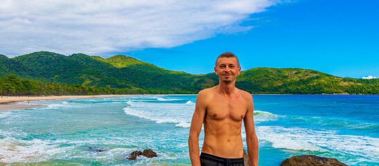 Fototapeta na wymiar Tourist traveler Ilha Grande Lopes Mendes beach panorama Brazil.