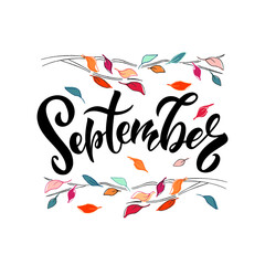 September handwritten text isolated on white background. Colorful vector illustration. Modern brush ink calligraphy and autumn leaves. Hand lettering for postcard, logo, poster, print. 