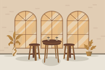 illustration of a cafe with classic wooden chairs and tables, as well as a classic window background and some plants as decoration, usually used for relaxing and drinking coffee. Can be used for your 