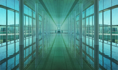 Empty airport lounge. Modern airport passenger terminal. Empty hall interior with ceramic floor to ceiling windows