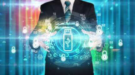 Businessman holding technology icon concept