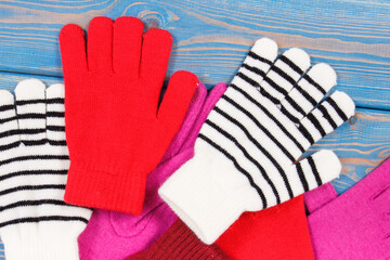 Colorful gloves for woman made of cotton or wool, clothing for autumn or winter