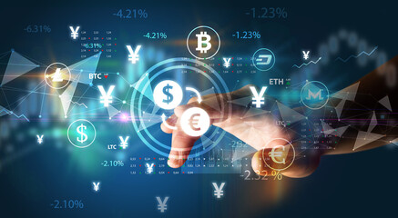 Business person hand pushing currency symbol on multimedia touch screen