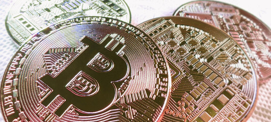 Golden coin Background Bitcoin on blockchain technology. Cryptocurrency bitcoin for future technology concept