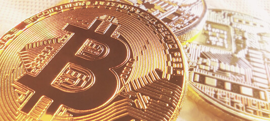Golden coin Background Bitcoin on blockchain technology. Cryptocurrency bitcoin for future technology concept