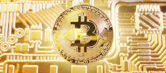 Golden coin Background Bitcoin on blockchain technology. Cryptocurrency bitcoin for future technology concept