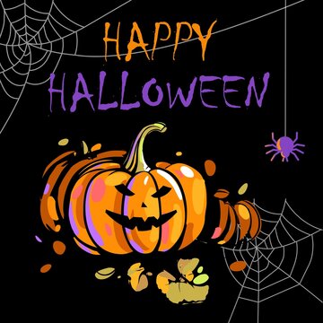 Happy Halloween on a black background. Orange pumpkin with leaves and purple spider with spider web. Poster, flyer,  Party Invitation. Jack's lantern with a happy face. Vector image.