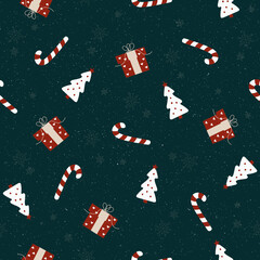 Merry Christmas. Hand drawn cute winter elements. Colored graphic vector seamless pattern. Holiday trendy illustration with candy cane, gift box, Christmas tree, snowflake. Cartoon style. Flat design