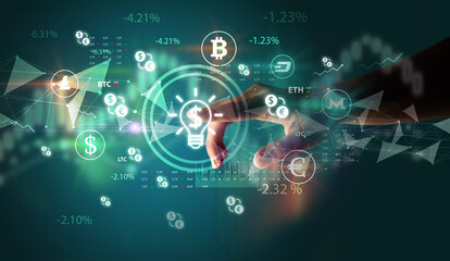 Business person hand pushing currency symbol on multimedia touch screen