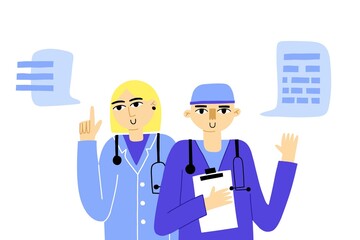 Medical banner. Male and female doctors with speech bubble, medical consultation, internet hospital support, healthcare poster, vector hand drawn cartoon isolated illustration