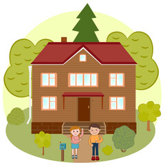The dreams of a two-story cottage. A man and a woman dream of moving into their own home. Vector illustration isolated on white background. - 453646392