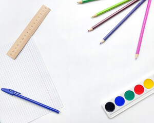 School life. Workplace. Stationery on white background