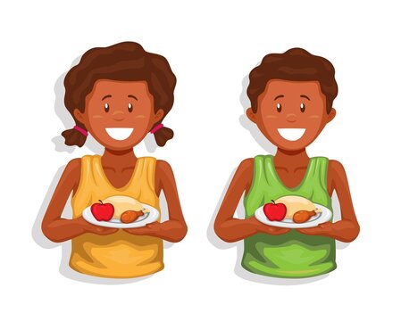 Happy african children holding food, world hunger donation fund symbol character set vector