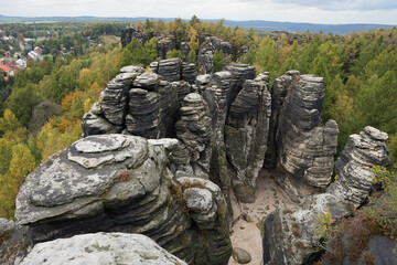 Sandstone rock formation Tiske steny (Tyssaer Wände) with labyrinth, popular tourist spot, Czech...