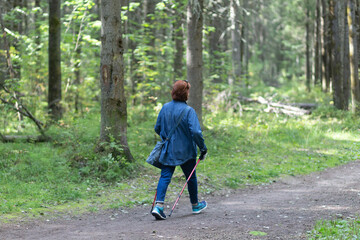 Fototapeta premium Nordic walking. A woman is engaged in Nordic walking in the park.