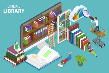 3D Isometric Flat Vector Conceptual Illustration of Online Library, Digital Education