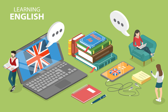 3D Isometric Flat Vector Conceptual Illustration of Learning English, Language Internet Courses