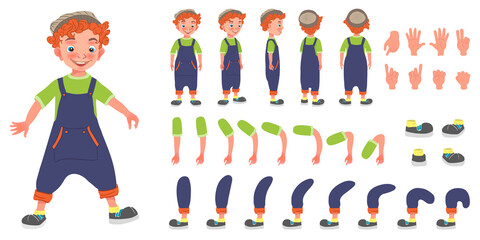 Flat Vector Conceptual Illustration of Redhead Kid Boy Cartoon Character Set For Animation, Various Views, Poses and Gestures