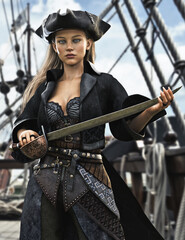 Portrait of a female pirate mercenary standing on the deck of her ship armed and ready for battle. 3d rendering
 - obrazy, fototapety, plakaty