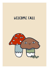 Autumn cute fall vector pre-made illustration perfect for poster, postcard, print, web, greeting cards, social media. Modern hand drawn characters with faces - mushrooms, slug, leaves. Funny and cozy.
