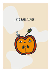 Fototapeta premium Autumn cute fall vector pre-made illustration perfect for poster, postcard, print, web, greeting cards, social media. Modern hand drawn characters with faces - mushrooms, slug, leaves. Funny and cozy.