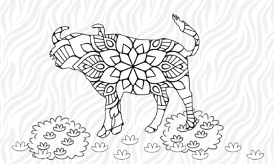 Hand drawn ornamental bull in zen style for decorate stationery, dishes, porcelain, ceramics, t-shirt print. Page anti-stress adult coloring book.