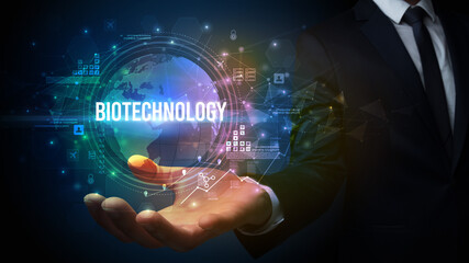 Elegant hand holding technology-related inscription