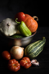 Fruits and vegetables with pumpkins in autumn vintage still life
