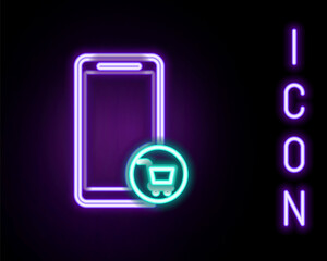 Glowing neon line Mobile phone and shopping cart icon isolated on black background. Online buying symbol. Supermarket basket symbol. Colorful outline concept. Vector