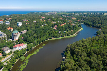 Fototapeta na wymiar Baltic sea coastline with Svetlogorsk town. Aerial view