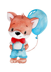 Fox and blue ball. Watercolor childrens illustration. perfect for printing children's wallpapers, textiles and as a poster