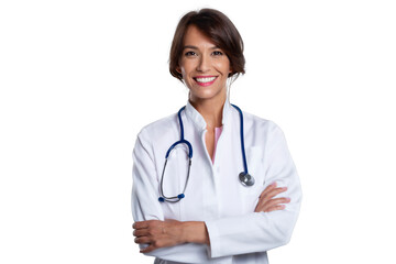 Happy female doctor studio portrait while standing at isolated white background