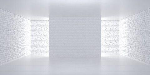 Bright white 3d stage scene background. Illuminated brick walls, light flare. 3d render