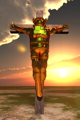 Crucified Astronaut in Golden Suit