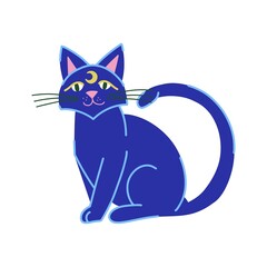 Cute black witch cat with moon. Illustration for the Happy Halloween of cat on white