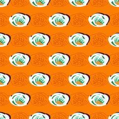 Vector seamless pattern with repeating flower motifs on a mango sorbet color background suitable for different kind of textile products. Japanese fabric design pattern