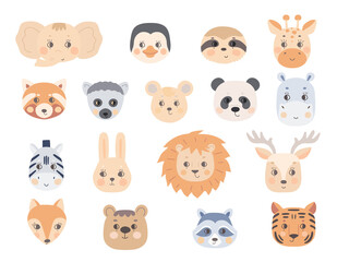 A set of faces of cute animals in red beige and gray blue colors. Heads of funny fox, elephant, tiger, lion, lemur, panda, penguin, sloth. Vector for the design of baby clothes and posters