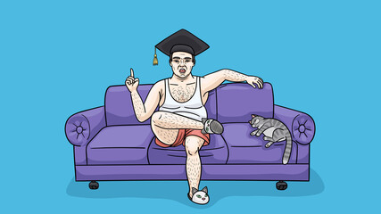 A fat man authoritatively teaches sitting on the home sofa. - obrazy, fototapety, plakaty