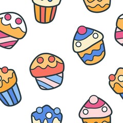 Seamless pattern. Festive muffins and cakes. Sweets and pastries. Cute cartoon graphics. Vector art