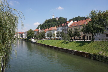 Fototapeta na wymiar View on the canal of Ljubljana in summer time