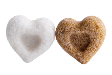 Obraz premium Heart-shaped sugar isolated on white. Interracial relationship metaphor
