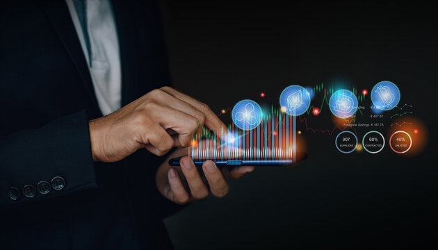 Hand of businessman interaction with artificial intelligence to invest bitcoin price digital chart exchange on smartphone. Concept of cryptocurrency future money and nft of blockchain technology.