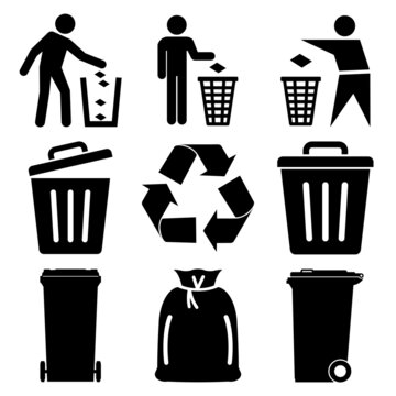 snvi43 SetNewVectorIllustration snvi - 9 trash can icons . recycle icon . trash bin vector set . garbage containers . pollution, litter, rubbish - simple flat - transparent . AI10 / EPS10 . g10714