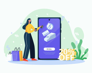 Online shopping illustration concept vector, girl paying via card after shopping