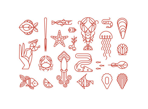 Set of creative modern art deco seafood signs in flat line style drawing on white background.