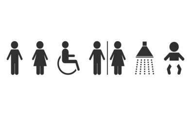 Toilet icons. Man, woman, handicap.Restroom, bathroom in a public area, navigation. Vector illustration. Eps 10.